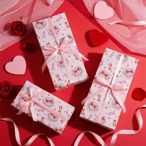 WRAPAHOLIC Valentines Day Wrapping Paper Roll - Mini Roll - 17 Inch x 16.5 Feet - Pearl Jewelry Box and Ribbon Bow Wrapping Paper for Valentine's Day, Wedding, Anniversary, Girl Women Birthday