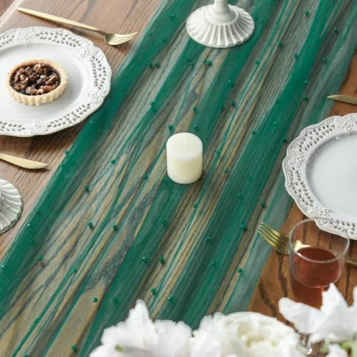 Artoid Mode 3-Pack Pearl Dark Green Gauze Table Runner 10FT Home Decor