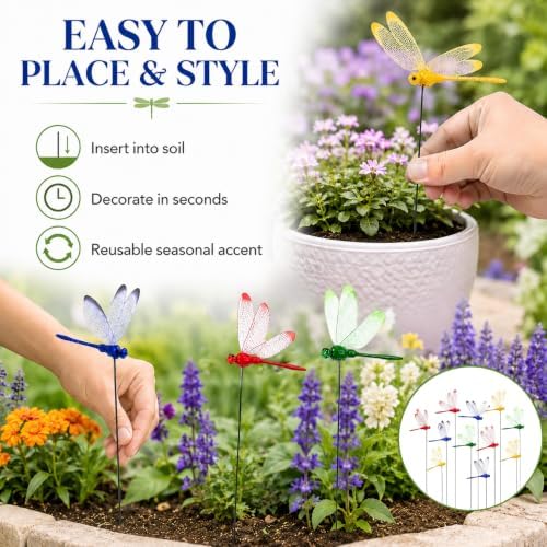 RAINFLOW 12PCS Realistic Dragonfly Garden Stakes 3D Fake Garden Decor