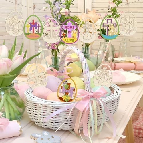 36PCS Wooden Easter Ornaments to Paint, Christian DIY Blank Unfinished Wood Egg Cutouts for Crafts Hanging Decorations Happy Easter Hallow Cross He is Risen Jesus is Alive Rabbit Religious Lily