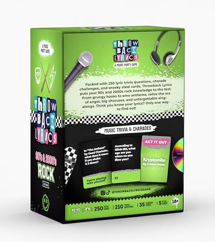 Throwback Lyrics - 90s & 2000s Rock Music Trivia Card Game | 250 Cards, Playlist Included, Finish the Lyrics, Charades + Steal Cards | Emo, Punk & Alternative Adult Party Game for Game Night & Gifts
