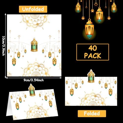 Auch Eid Place Cards - 40pcs Eid Mubarak Table Tent Cards Set Folded Ramadan Name Card for Eid Al-Fitr & Eid Al-Adha Dinner, Iftar Party Table Decorations, Buffet & Food Labelsr 4 Designs (White)