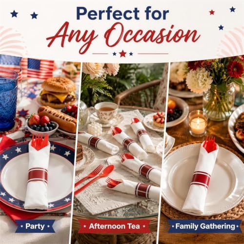 Liacere 400PCS Pre Rolled Red Silverware and Napkin - Disposable Red Plastic Utensils-Wrapped Plastic Cutlery Set with Napkin:100Forks,100Knives,100Spoons,100Napkins for Party & Independence Day