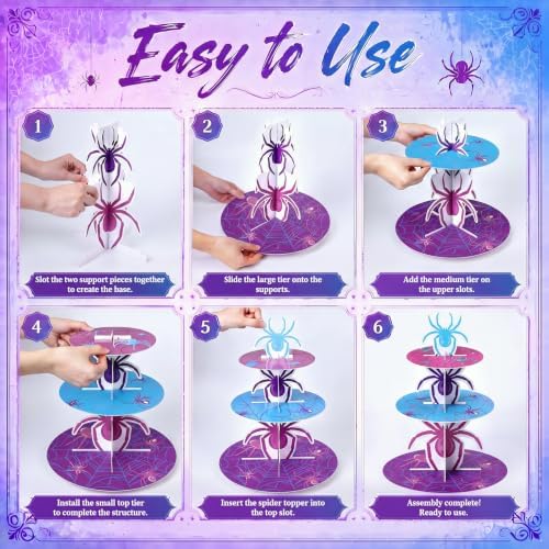3 Tier Spider Cupcake Stand Decoration Pink Spider Cupcake Tower Purple Blue Spiderweb Table Decoration Hero Theme Dessert Holder Table Display for Hero Birthday Party Baby Shower Supplies