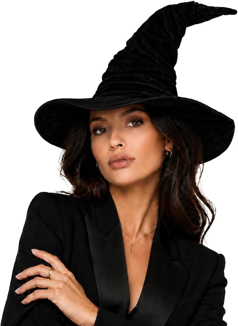 Large Ruched Witch Hat for Adults, Wide Brim Halloween Costume Accessory