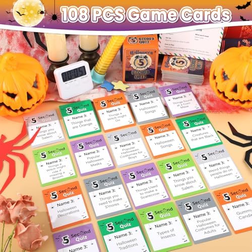 Halloween 5 Second Game 108 Boo Simple Question Cards Digital Timer and 5 Second Hourglass Halloween Question Card Games for Adults Family Party Fun Travel Game Night Think Fast and Shout Out Answers