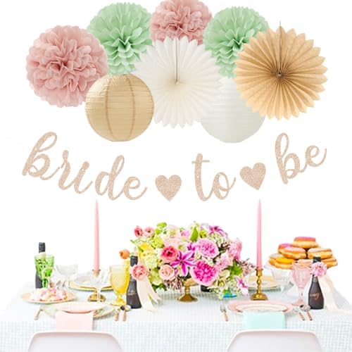 Sage-Green Pink-Beige Bridal-Shower Party-Decorations - 36pcs Bride to Be Banner,Bachelorette Paper Lanterns,Neutral Wedding Streamers Garland,Boho Tissue Pom Poms Flower Fan Decor Supplies Burgleda