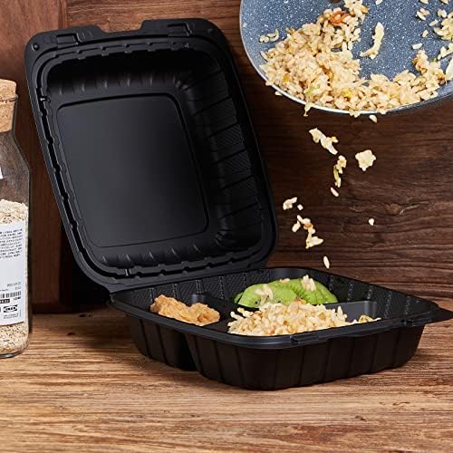 Jaluxing 8X8 3-Compartment 50-Pack Plastic Clamshell Takeout Food Trays Heavy Duty Togo Disposable Box Carryout Meal Prep Packaging Catering Hinged Containers With Secure Snap Lid (Formerly FULING)