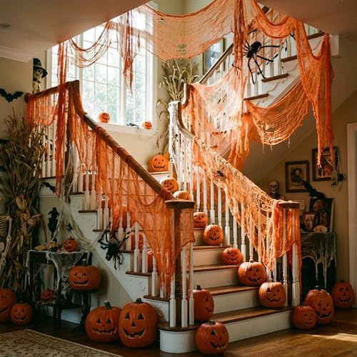 400" x 70" Halloween Orange Creepy Cloth, Fine Mesh Spooky Gauze Cloth