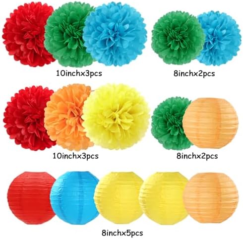 Rainbow Colorful Party-Decorations Paper-Flowers - 15pcs Welcome Back to School Tissue Pom Poms Lanterns Streamers,Carnival Video Game Kids Birthday Graduation Baby Shower Hanging Supplies Hugfond