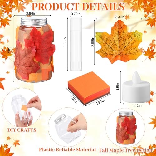 Qinyoung 12 Pcs Fall Crafts Maple Leaves Mason Jars with LED Candle Light