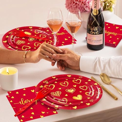 96 Pieces Valentine’s Day Love Tableware Set – Red and Gold Heart Disposable Plates, Napkins, and Forks for Romantic Dinners, Wedding, Anniversaries, and Valentine Celebrations – Serves 24 Guests