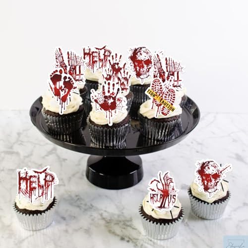 64 PCS Edible Halloween Cupcake Toppers Wafer Paper Horror Blood Skull Zombie Hand Bat Cupcake Picks Edible Have a Killer Birthday Cake Decorations for Halloween Theme Killer Birthday Party Supplies