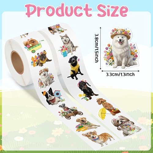 H1vojoxo Summer Dog Sticker Rolls - 1000PCS Summer Realistic Dog Stickers for Kids 16 Designs Cute Flowers Dress Up Dogs Sticker for Craft Water Bottle Self-Adhesive Funny Dogs Stickers for Envelope