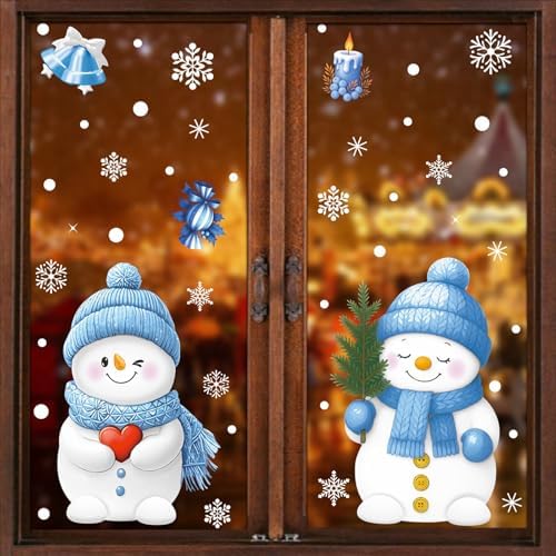 Christmas Window Stickers Cute Snowman Snowflake Window Clings Decals Reusable Double Sided Static Clings Window Clings for Glass Windows for Winter Christmas Decorations 4 Sheet