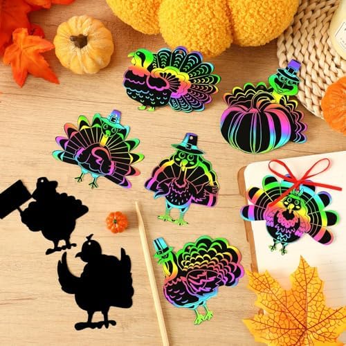 AUGSUN 96Pcs Turkey Scratch Art Paper Thanksgiving Fall Crafts for Kids