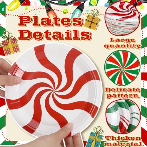 Fourluoo 96 Pcs Christmas Paper Plates Green and Red Candy Christmas Disposable Dinner Plates for Xmas Birthday Party Table Decor
