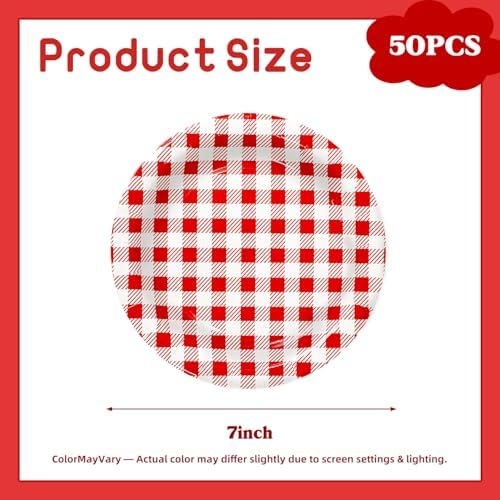 Vyntra 50 Pcs Red Gingham 7 Inch Round Paper Dessert Plates