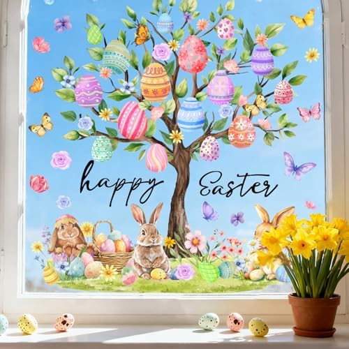 Whaline 6 Sheet Easter Window Clings Window Decal Large Bunny Rabbit Egg Tree Reusable Anti-Collision Windows Decor for Spring Holiday Home Classroom Office Party Supplies