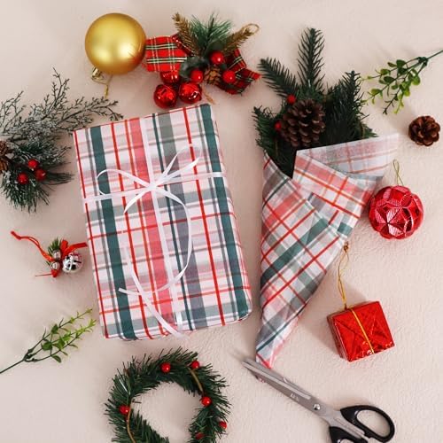 BEISHIDA Christmas Gingham Tissue Paper Bulk，Red Green White Buffalo Plaid Wrapping Tissue Paper for Gift Bags, 14 x 20 Inch Gift Wrap for Christmas Party DIY Crafts Decor Holiday Flowers-50pcs