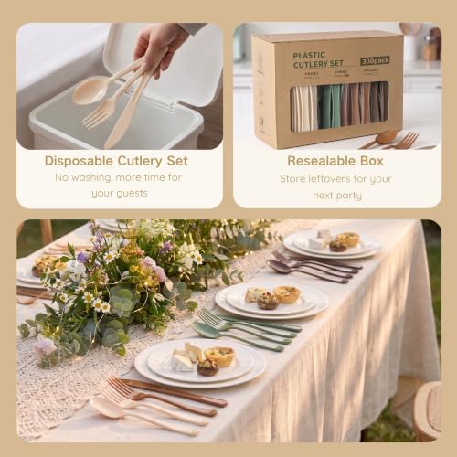 300Pcs Woodland Plastic Silverware Set, Disposable Full Size for Dinner