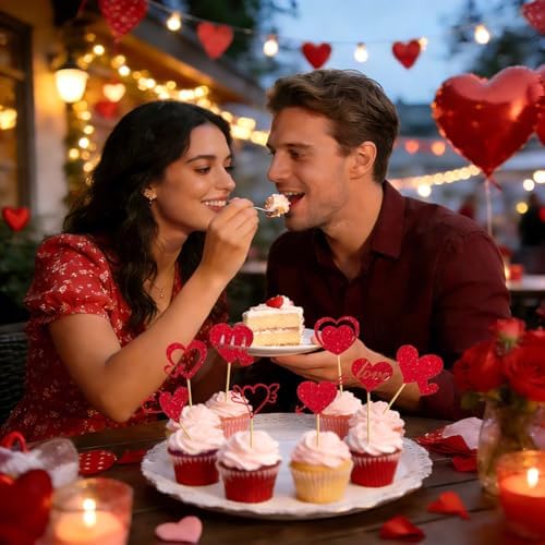 24Pcs Valentine's Day Cupcake Toppers, Glitter Red Heart Cake Decorations
