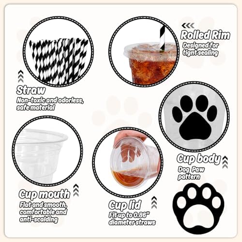 Whaline 50Pcs Paw Print Disposable Plastic Cups with Lids and Straws 12oz Dog Party Cups Black Cold Beverage Drinking Cups for Puppy Birthday Baby Shower Party Supplies
