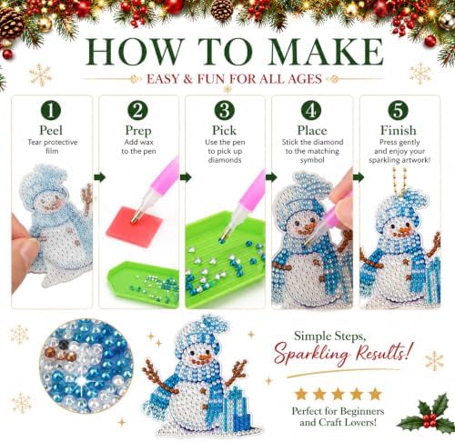 Ferraycle 12 Pcs Snowman Diamond Art Christmas Ornaments Kit, Multicolor