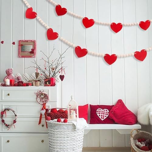 Valentines Day Decorations - Wood Bead Garland with Felt Red Hearts for Valentines Day Decor, Valentine Heart Garland Valentine's Banner for Galentines Day Decorations, Farmhouse, Wedding, Anniversary