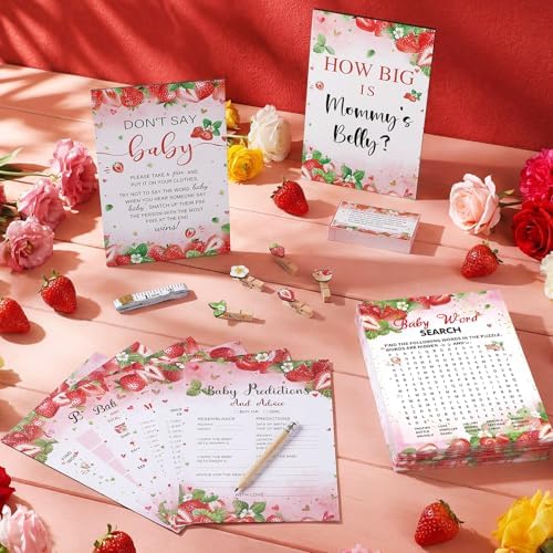 Funnymoom 426 Pcs Strawberry Baby Shower Games Set, 8 Games with Bingo
