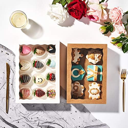 4 Pack 10x7x2.5Inches White Strawberry Boxes with Display Window, Bakery Dessert Containers for Cookies, Donuts, Macarons, Muffins & Hot Cocoa Bombs, Elegant Gift Packaging for Treatss