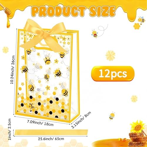 Capoda 12 Pack Bee Gift Bags with Handles, Yellow Black Honeycomb Plastic Party Favor Bags, Medium Bee Goodie Bag for Baby Shower, Birthday, Spring Summer Party Supplies, Candy Treat Bag