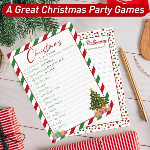 COCHIE 30 Players Christmas Party Games for Adults Family Office Large Groups, Xmas Parties Songs Pictionary Game, Riddle Game, Word Scramble Games with Answer Key (Christmas Tree)
