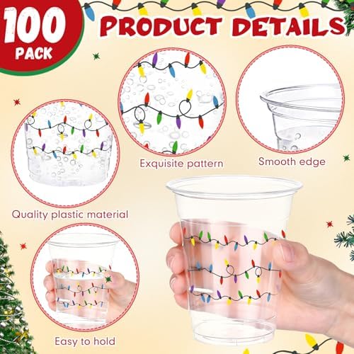 Jingmore 100 Pack 16 oz Christmas Clear Plastic Cups with Lights Design