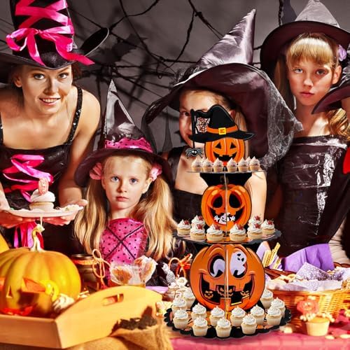 Gistome 3-Tier Halloween Cupcake Stand – Pumpkin Stack Dessert Display Holder for Spooky Party Table, Haunted House Treats, Trick-or-Treat Setup, and Halloween Decorations