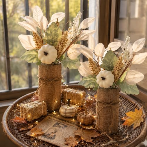 2 Pack Fall Centerpieces for Tables, Fake Pumpkin Leaf Berry Dining Table Thanksgiving Decorations for Indoor Kitchen Home Autumn Wedding Mantel