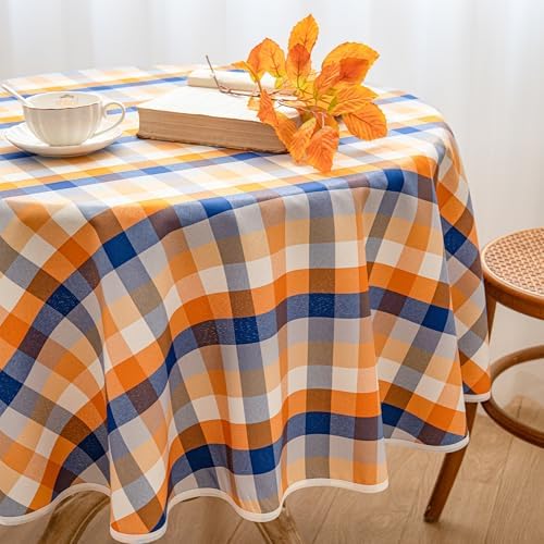 Fall Plaid Waterproof Tablecloth – Orange, Blue & White Check Pattern – Thanksgiving Harvest Table Cover, Stain-Resistant & Durable, 60" Round