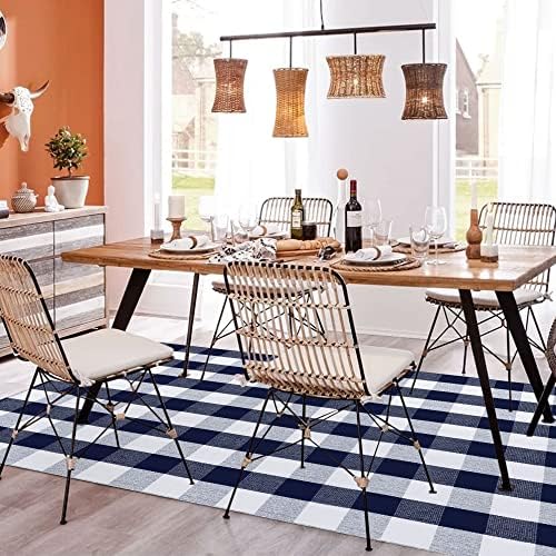 SEEKSEE Buffalo Plaid Rug 4' x 6' Navy Blue and White Large Front Door Mat, Layering Area Rug, Washable Rug for Outdoor Patio Entryway Indoor Living Room Kitchen Dining Room Decor