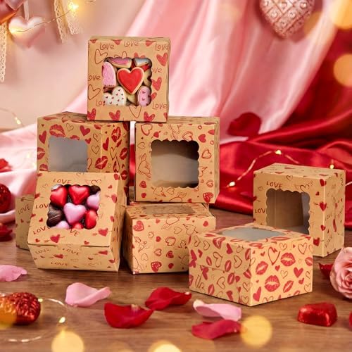 LemonRoad 24 Pcs Mother's Day Kraft Cookie Boxes with Window 4x4x2.5 Inches Heart Love Treat Boxes Cupcake Containers for Candy Pastries Doughnut Brownies Truffles Gift Wrap Wedding Party Supplies