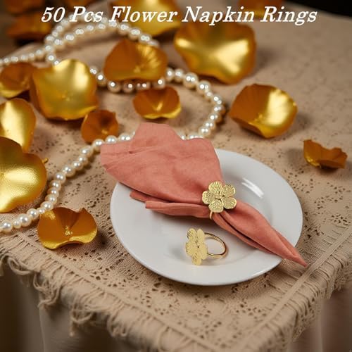 Flower Napkin Rings Set of 50, Shiny Fall Napkins Rings Gold Floral Holder