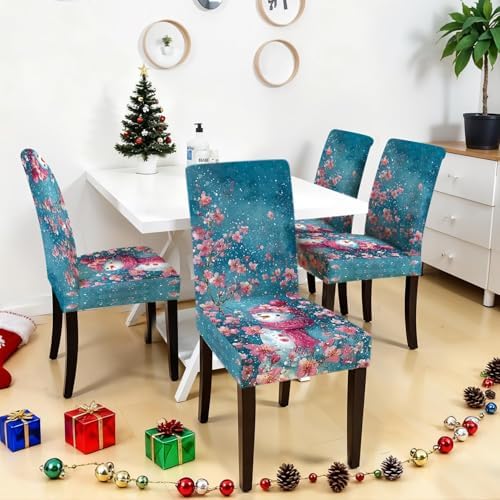 Snowman Chair Covers Set of 4, Stretchable Dining Chair Slipcovers with Pink Cherry Blossoms for Christmas Holiday Décor