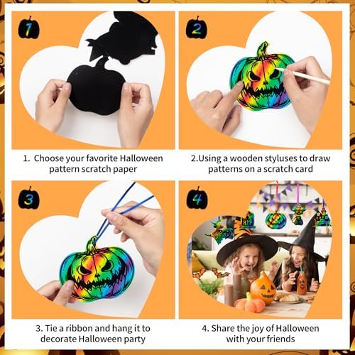 48 Pcs Halloween Scratch Art Crafts for Kids, Rainbow Scratch Art Cards Kit