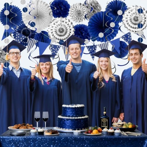 24 Pcs Blue Silver Party Decorations, Paper Fans Pom Poms Banner 8-16 in