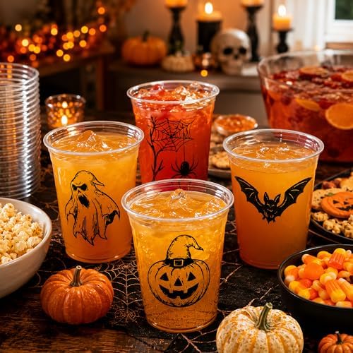 Halloween Plastic Cups, 100 Pack 12 oz Disposable Party Cups, 4 Designs