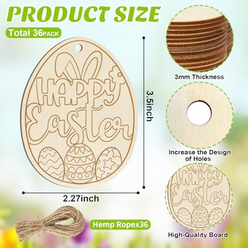36PCS Wooden Easter Ornaments to Paint, 6 Styles DIY Blank Unfinished Wood Egg Cutouts Ornament for Crafts Hanging Decorations Happy Easter Hallow Egg Rabbit Bunny Butterfly Flower Hen