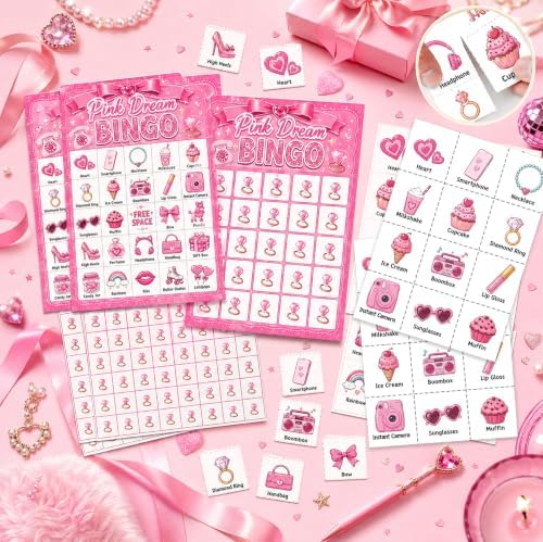 Pink Dream Glitter Bingo Game Cards, 24 Player Party Game for Girls