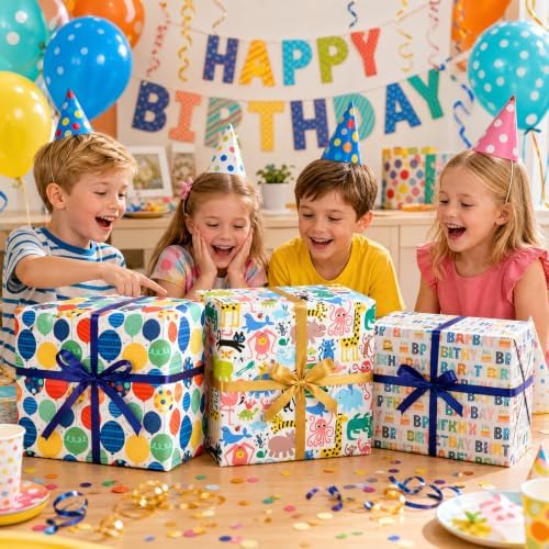 Bafeil Happy Birthday Wrapping Paper Roll Set 3 Roll with Cutting Line