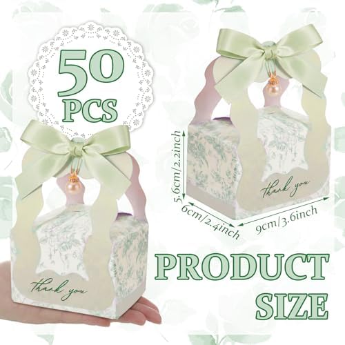 ForraFun 50 Sets Floral Wedding Favor Boxes with Pearl Pendant Bow, Green