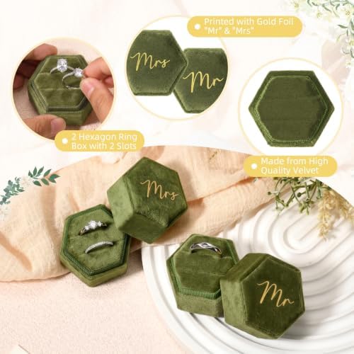 Mr & Mrs Velvet Wedding Ring Box 2 Slots Cursive Hexagon Jewelry Ring Box for Wedding Day Ceremony Bridal Photography Gift Set of 2 (Olive Green)