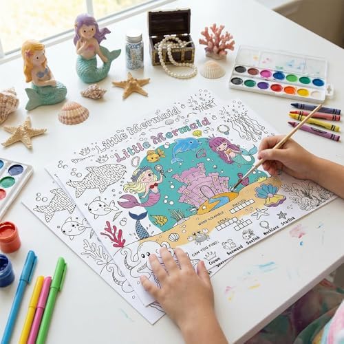 45pcs Mermaid Disposable Coloring Placemats Magical Mermaid Crafts for Kids Party Favors Coloring Poster Princess Birthday Party Supplies Classroom Activities Paper Table Mats
